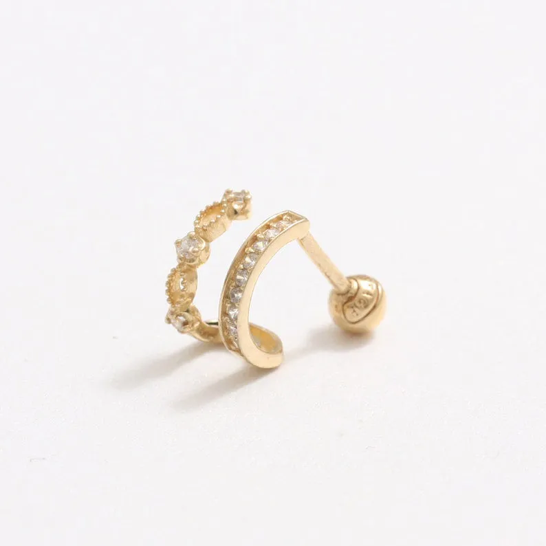 14K 18K Solid Gold CZ Pave & Milgrain Lace Double Line Ear Hoop Stud Cartilage Tragus Helix Conch Lobe Piercing Earring