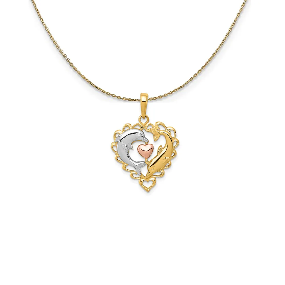 14k Yellow & Rose Gold Rhodium Double Dolphin Heart Necklace