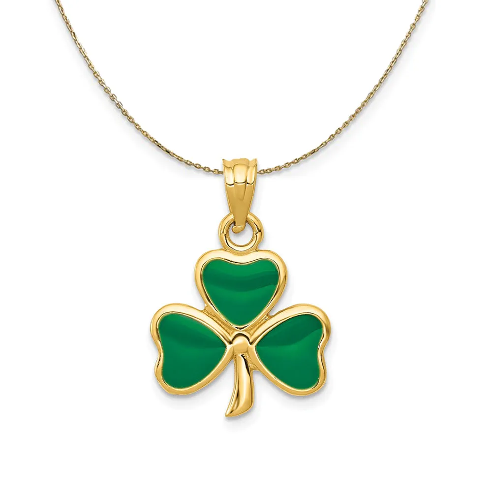 14k Yellow Gold & Green Enameled Three Leaf Clover Necklace