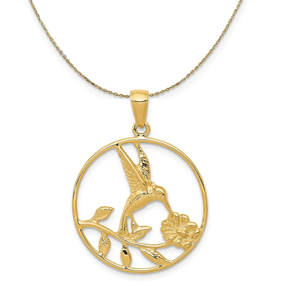 14k Yellow Gold 24mm Round Hummingbird and Flower Necklace