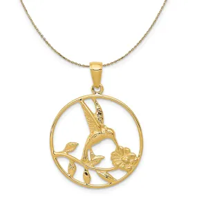 14k Yellow Gold 24mm Round Hummingbird and Flower Necklace