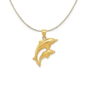 14k Yellow Gold 3D Mother and Baby Dolphin Necklace