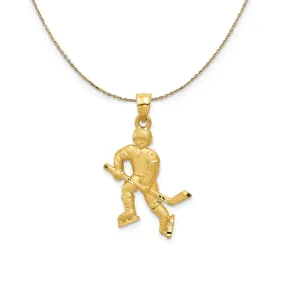 14k Yellow Gold Diamond Cut Hockey Player, 17mm Necklace