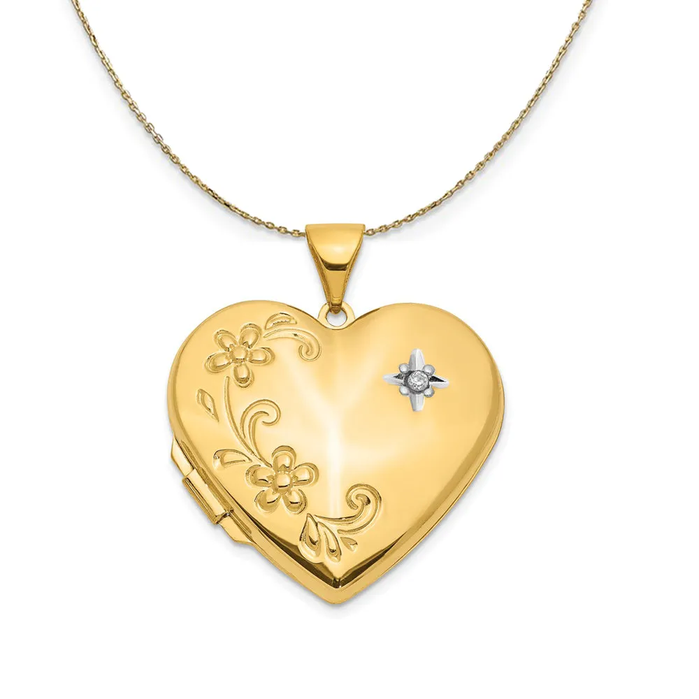 14k Yellow Gold Family Diamond Floral Heart Locket Necklace