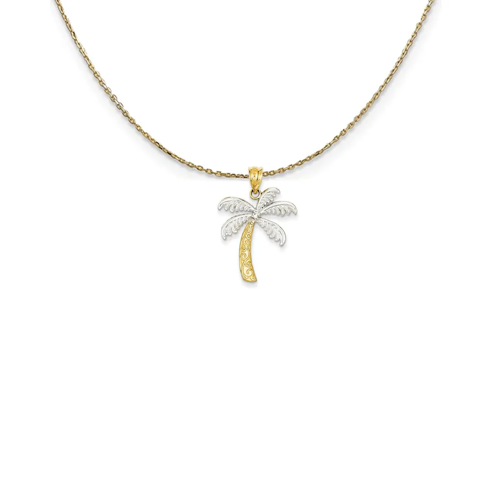 14k Yellow Gold, Rhodium Diamond Palm Tree Necklace