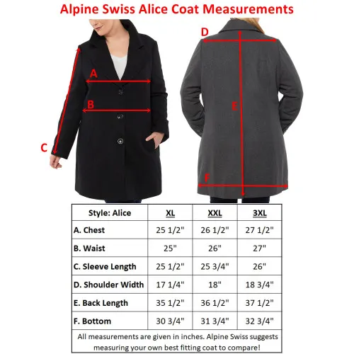 Alpine Swiss Alice Womens Plus Size Wool Overcoat Classic Notch Lapel Walking Coat