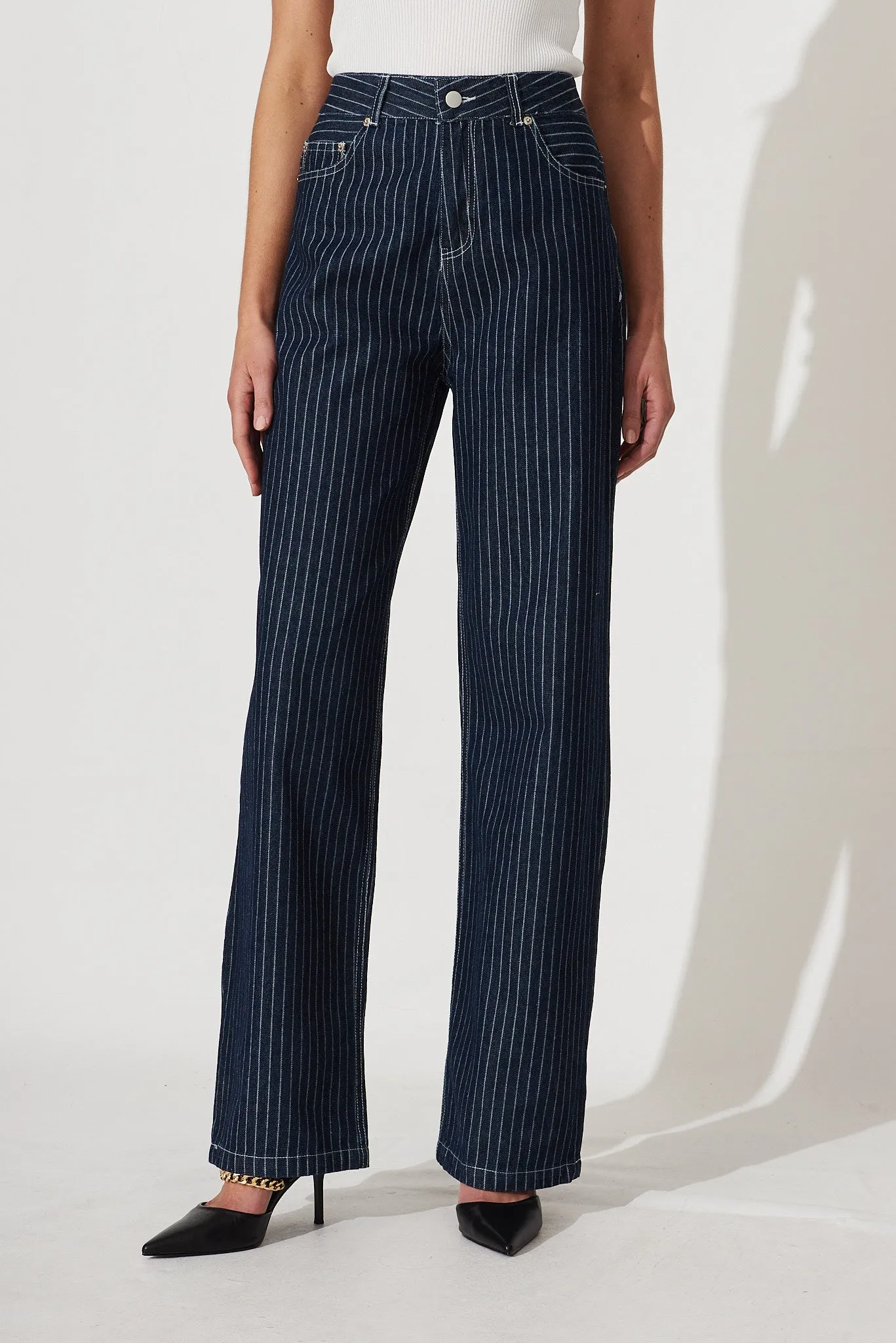 Bianca Wide Leg Jean In Dark Blue Denim Pinstripe