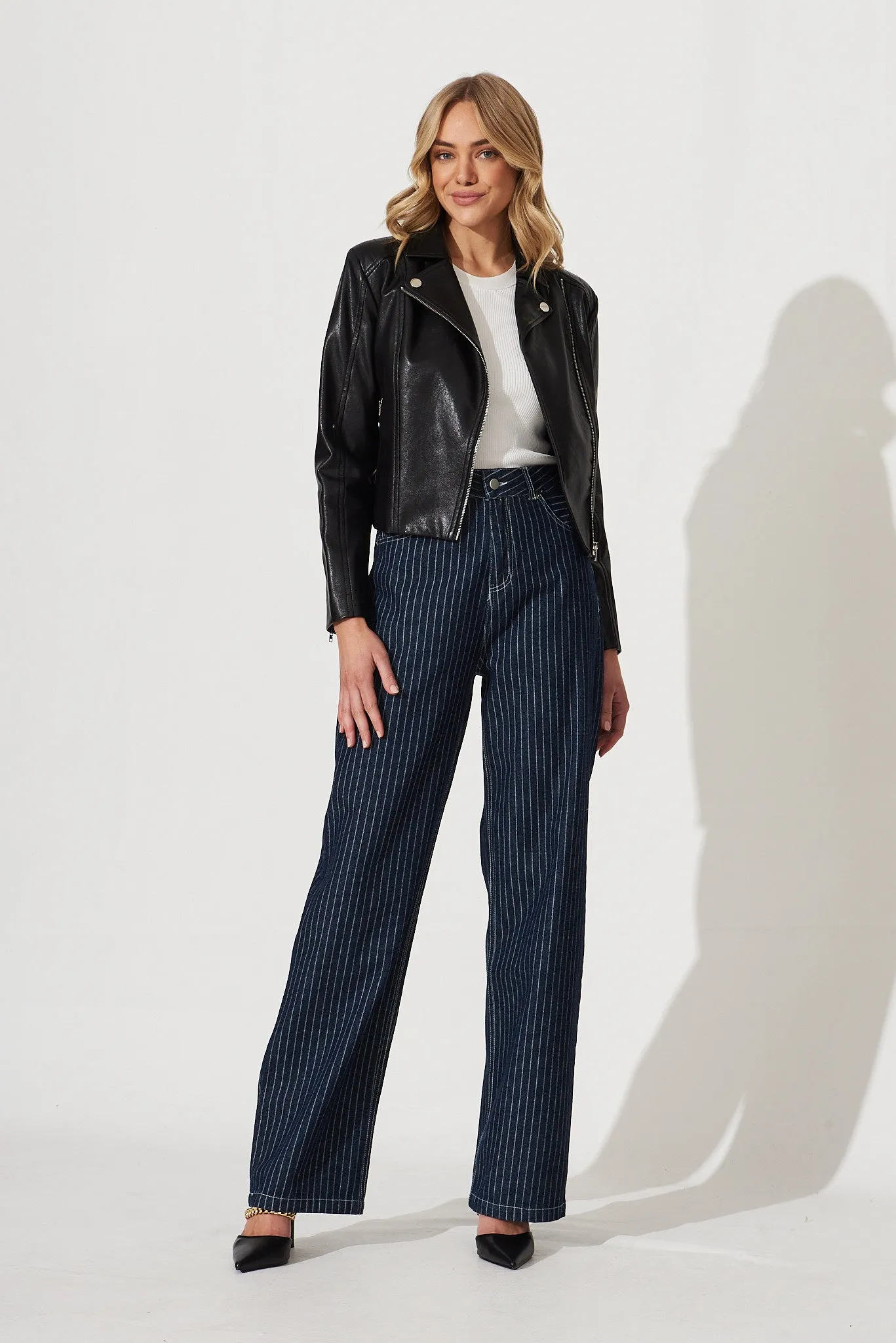 Bianca Wide Leg Jean In Dark Blue Denim Pinstripe