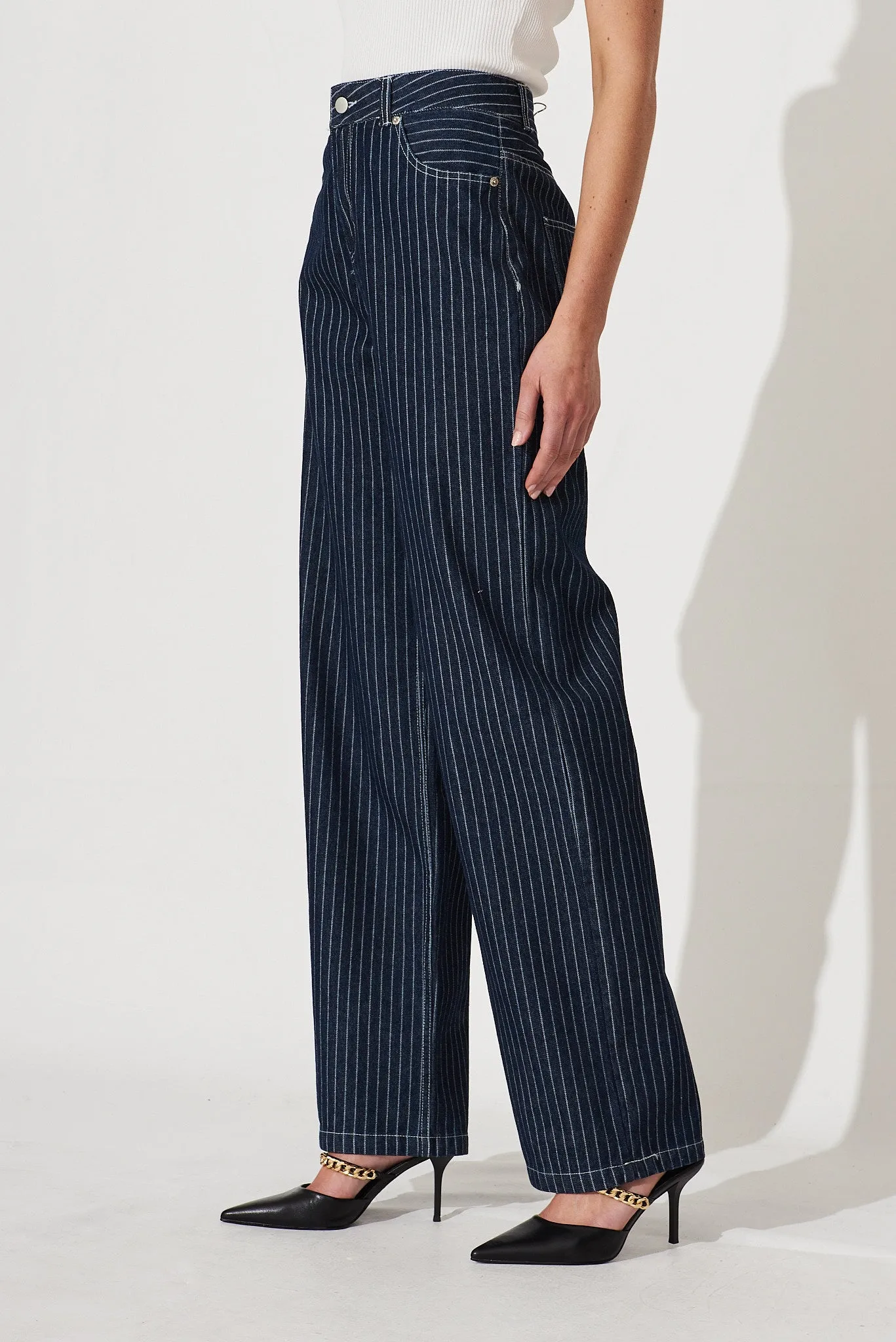 Bianca Wide Leg Jean In Dark Blue Denim Pinstripe