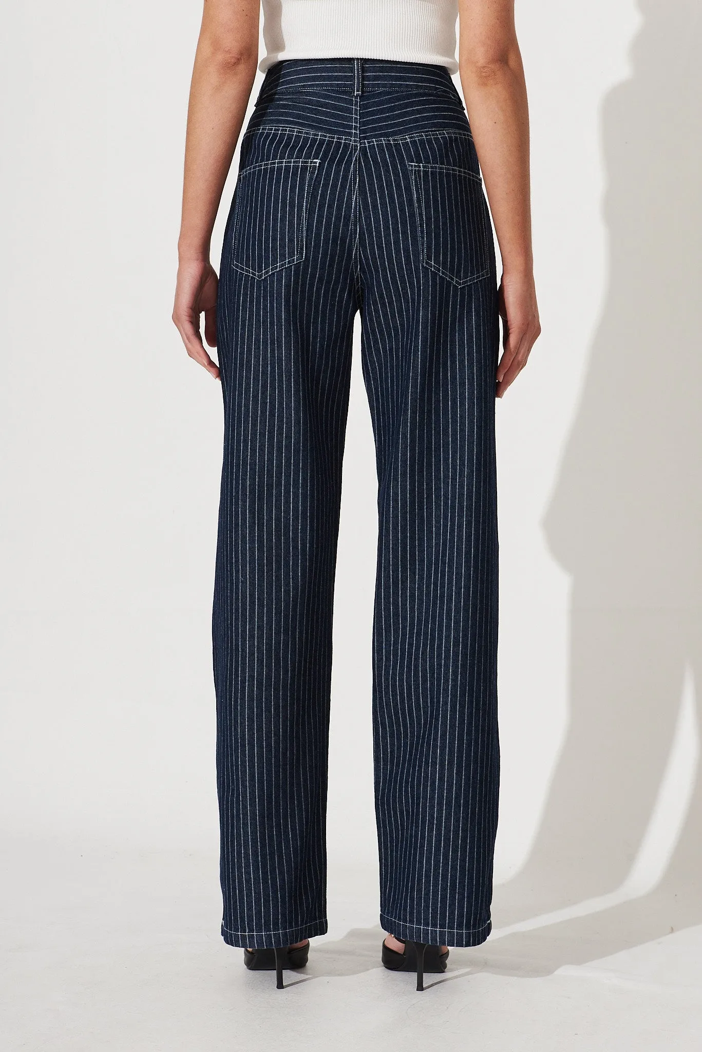 Bianca Wide Leg Jean In Dark Blue Denim Pinstripe