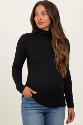 Black Brushed Knit Basic Turtleneck Maternity Top