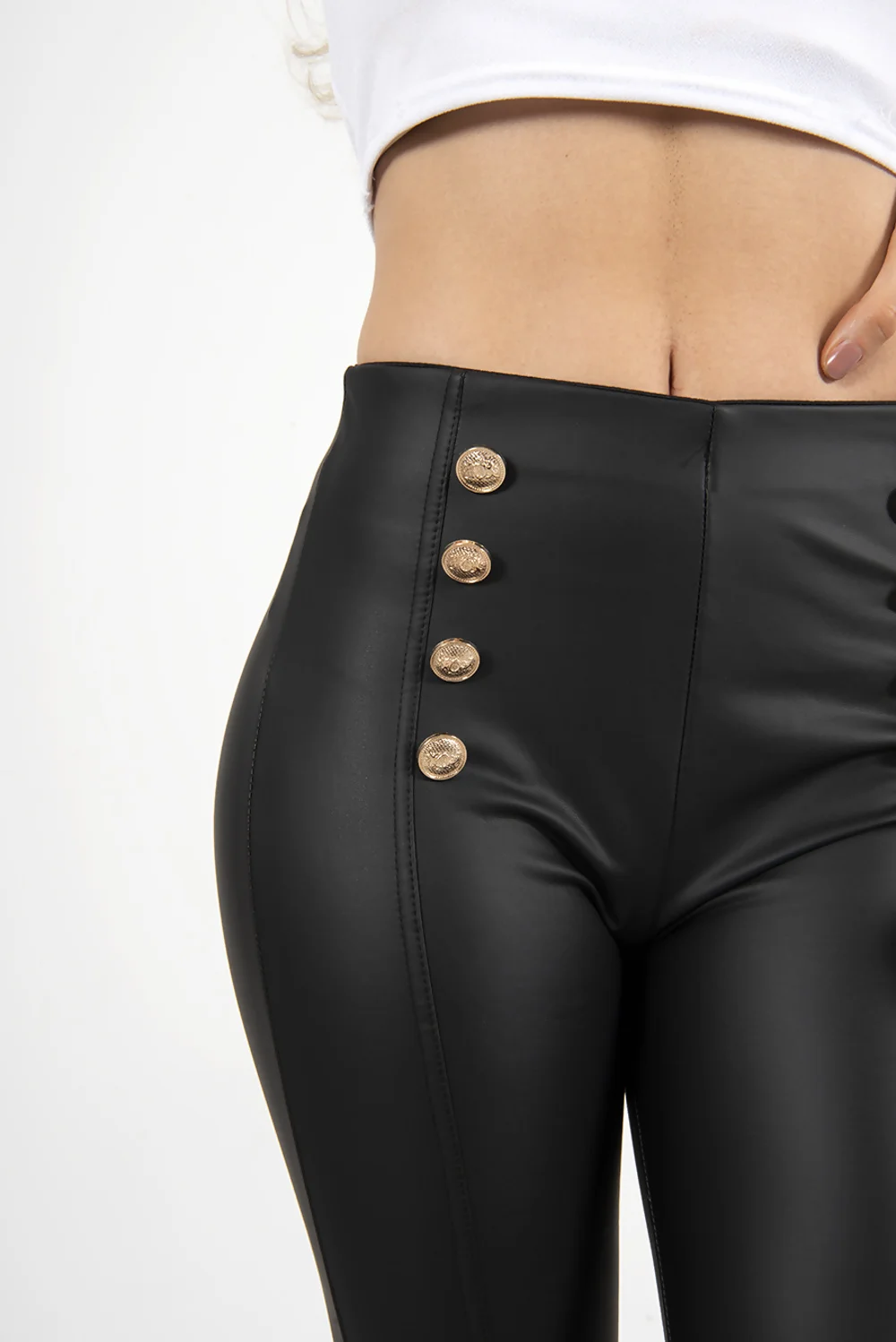 Black Button Detail Faux Leather Leggings 