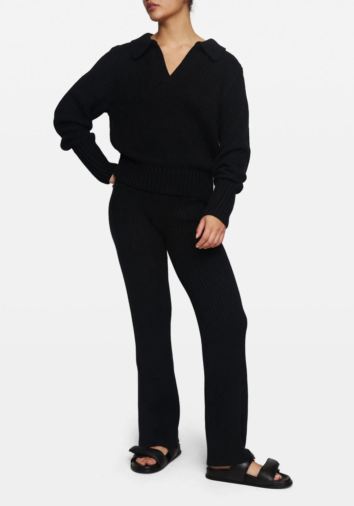 Black Cotton Merino Polo Knit