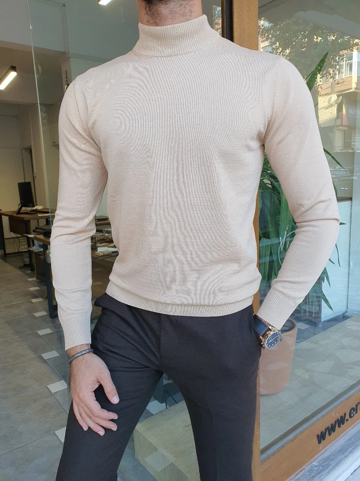 Bojo Slim Fit Long Sleeve Beige Turtleneck