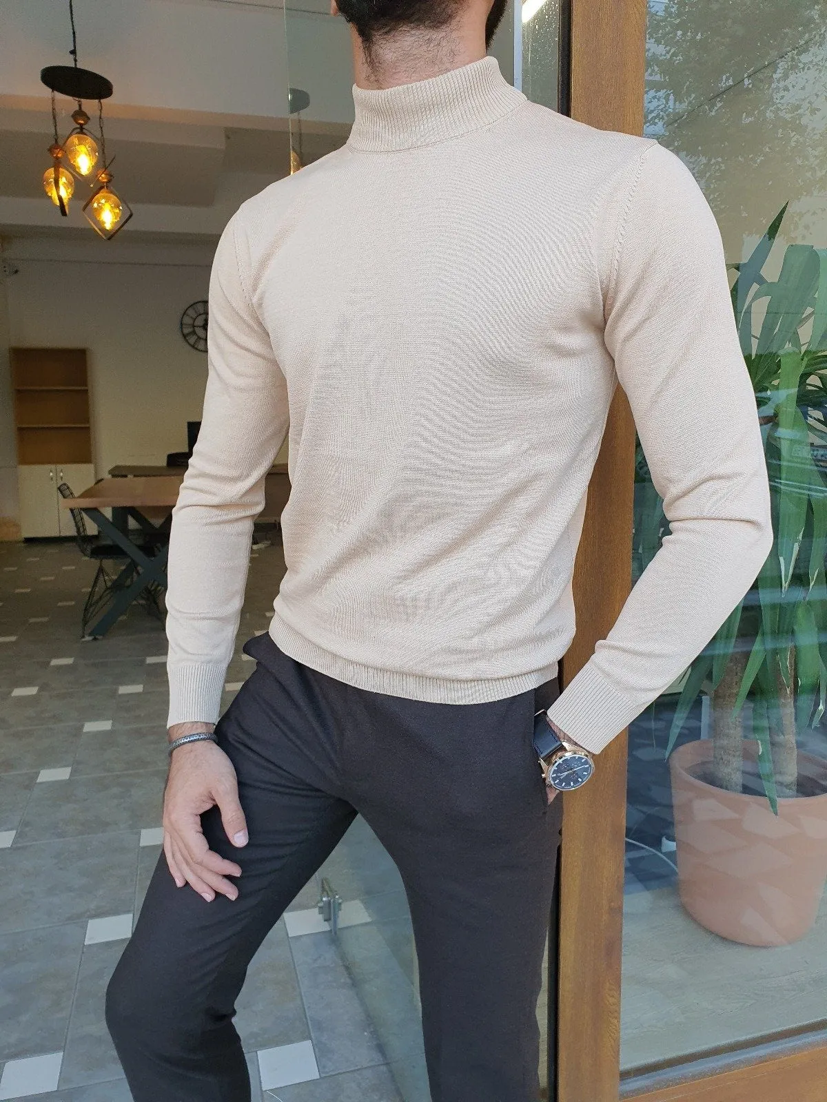 Bojo Slim Fit Long Sleeve Beige Turtleneck