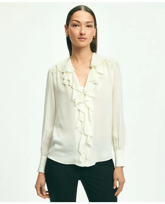 Brooks Brothers Women's Silk Georgette Ruffled Blouse White