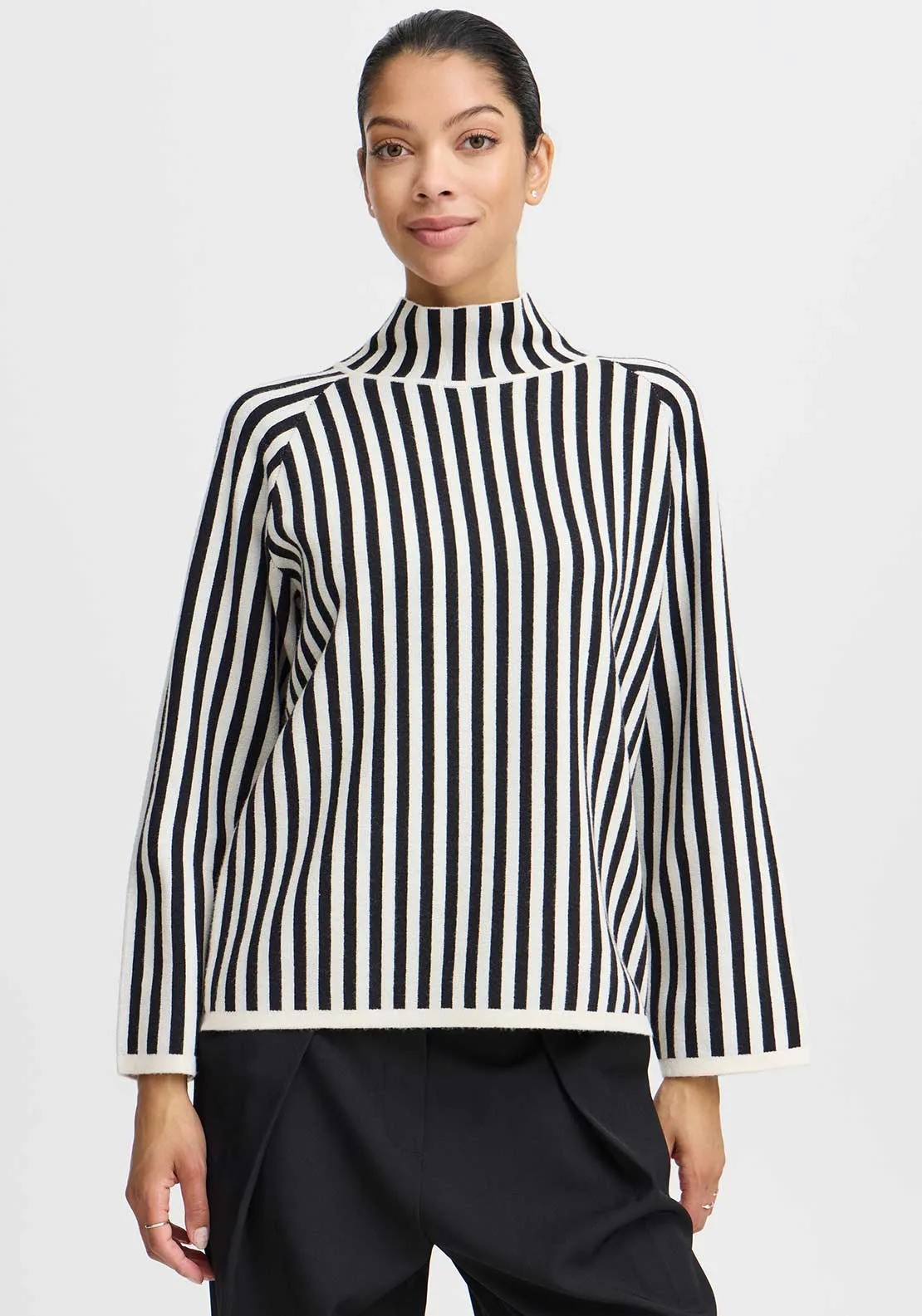 b.young Otari Striped Polo Neck Jumper, Black and White