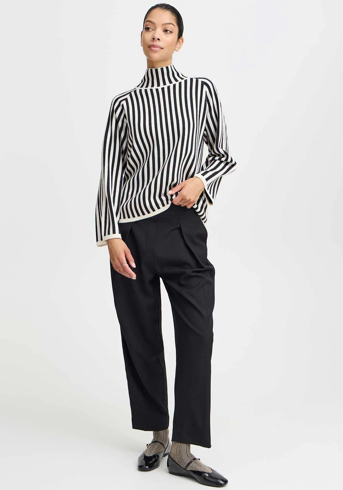 b.young Otari Striped Polo Neck Jumper, Black and White