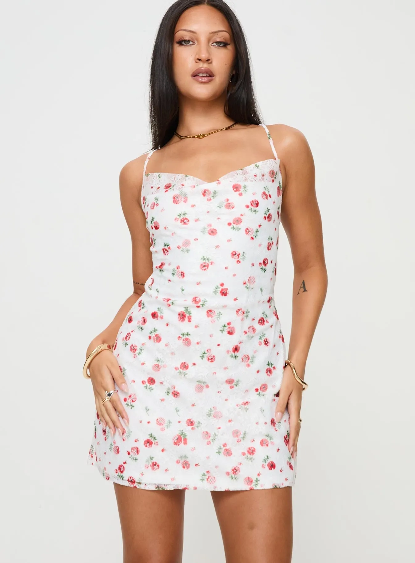 Celena Lace Mini Dress White / Red Floral