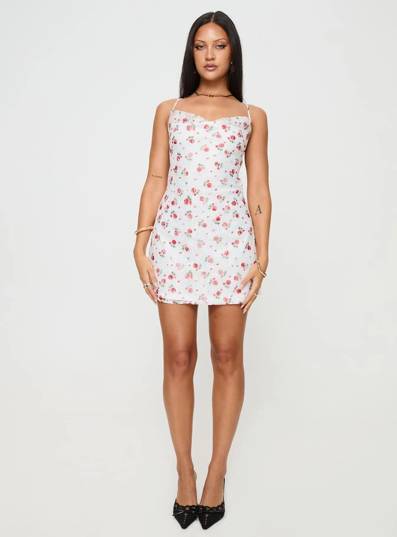 Celena Lace Mini Dress White / Red Floral