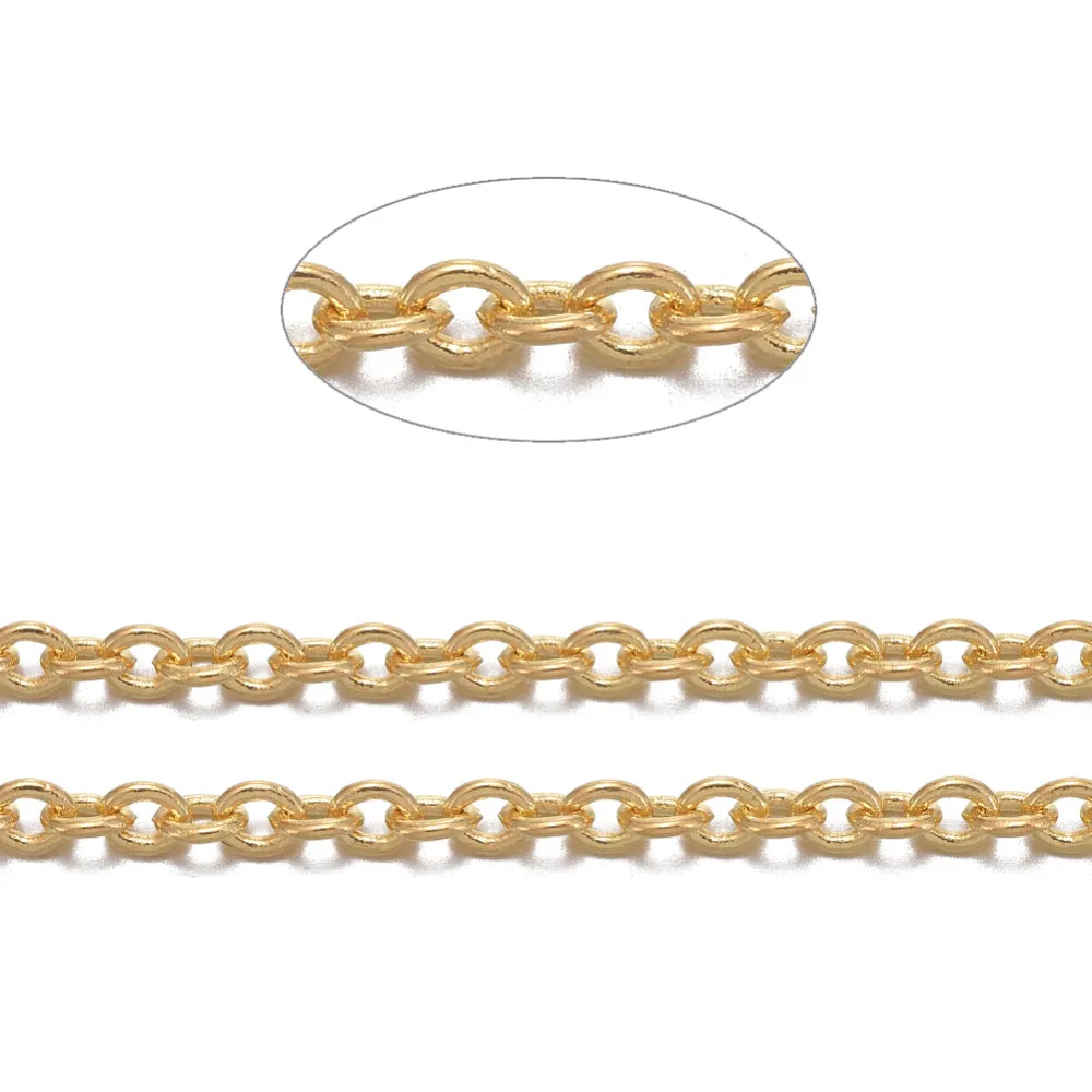 Chain, Brass, Cable Chain, Soldered, Oval, Gold Plated, 2x1.5mm