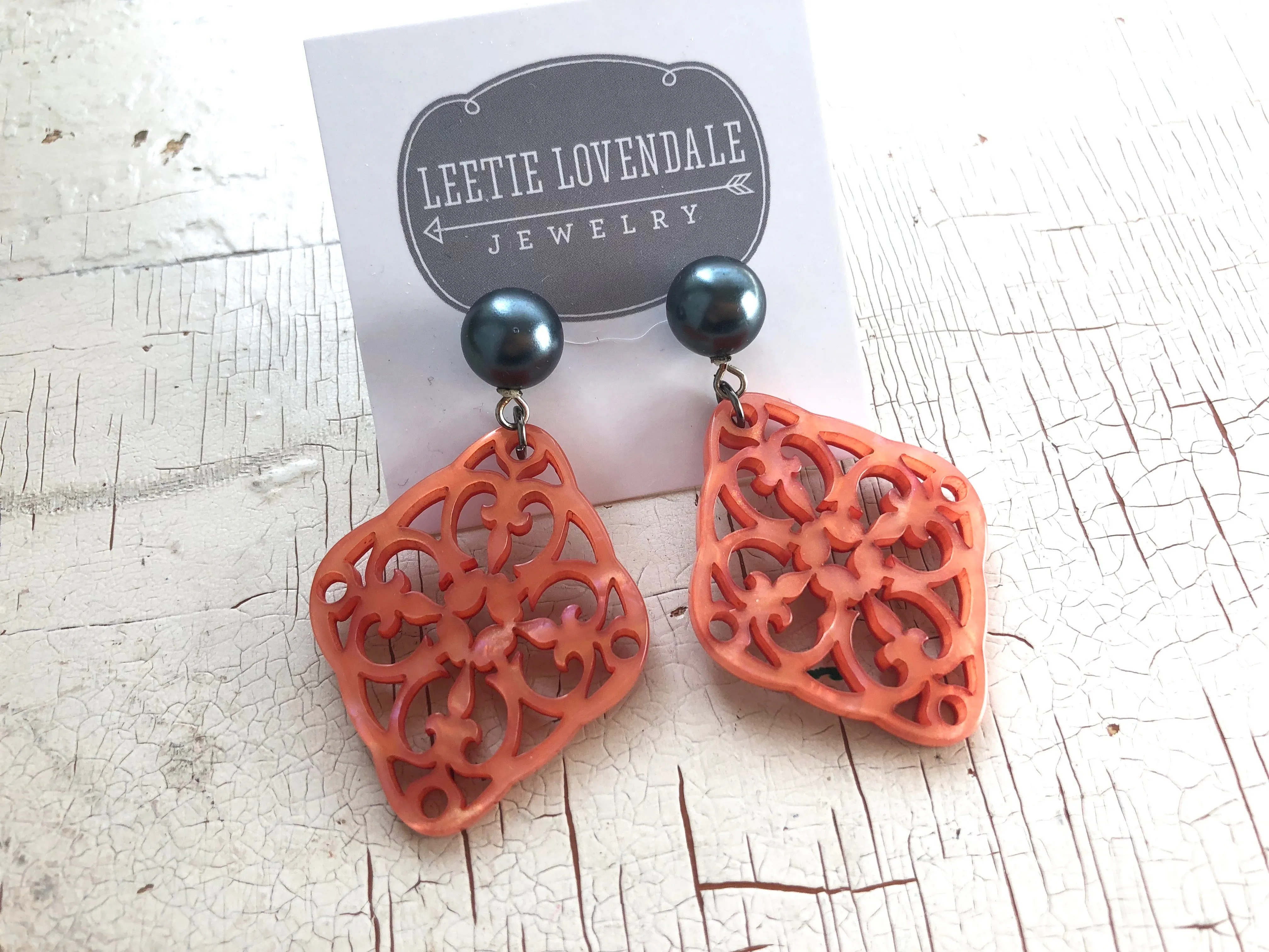 Coral & Slate Grey Pearl Bohemian Lace Medallion Earrings