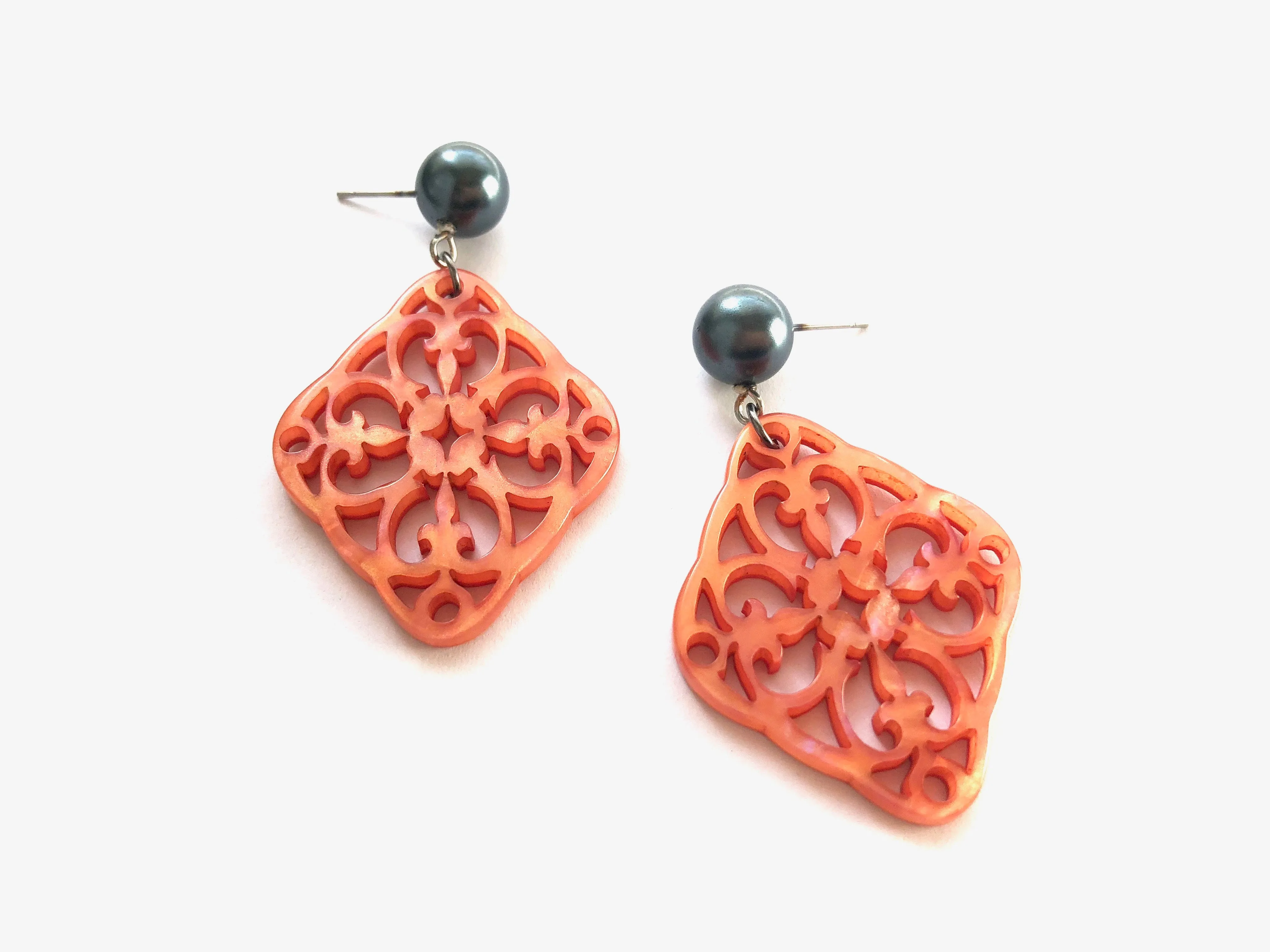 Coral & Slate Grey Pearl Bohemian Lace Medallion Earrings