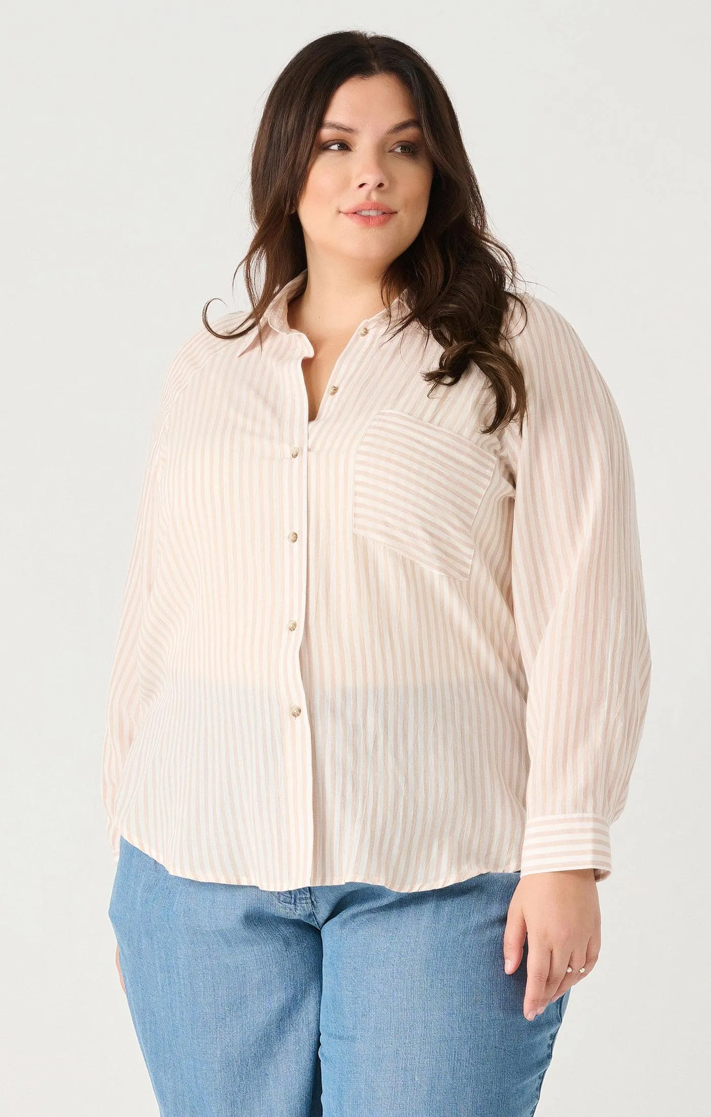 Dex Plus Pinstriped Raglan Blouse In Tan Stripe