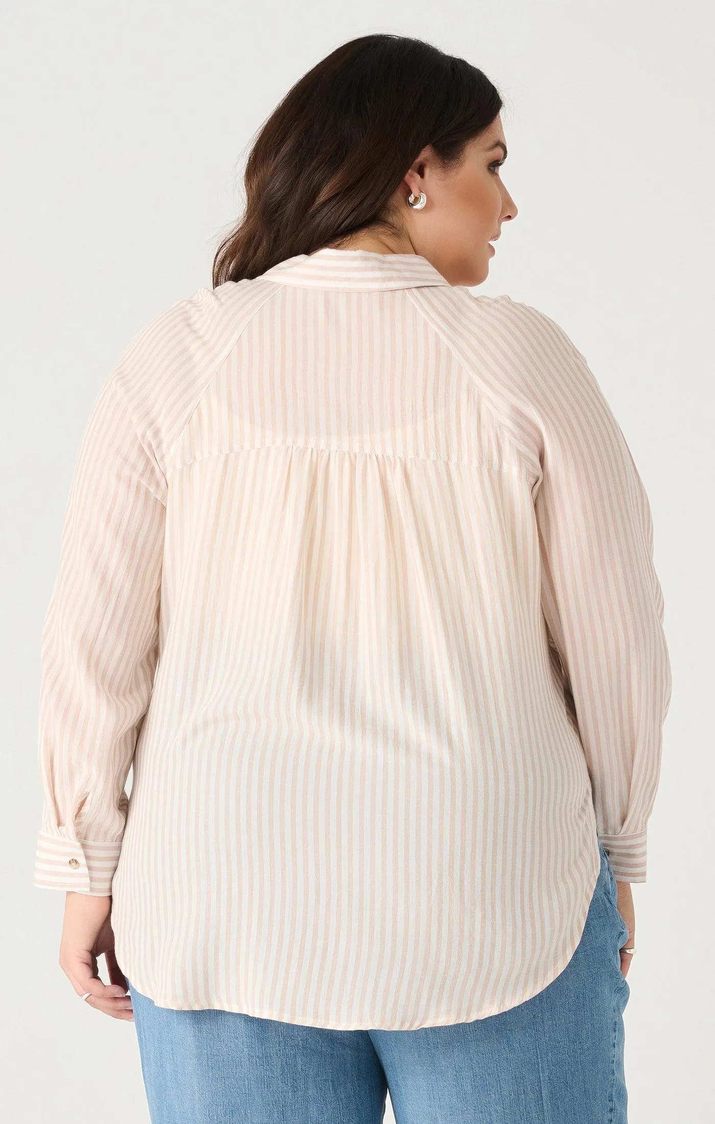 Dex Plus Pinstriped Raglan Blouse In Tan Stripe