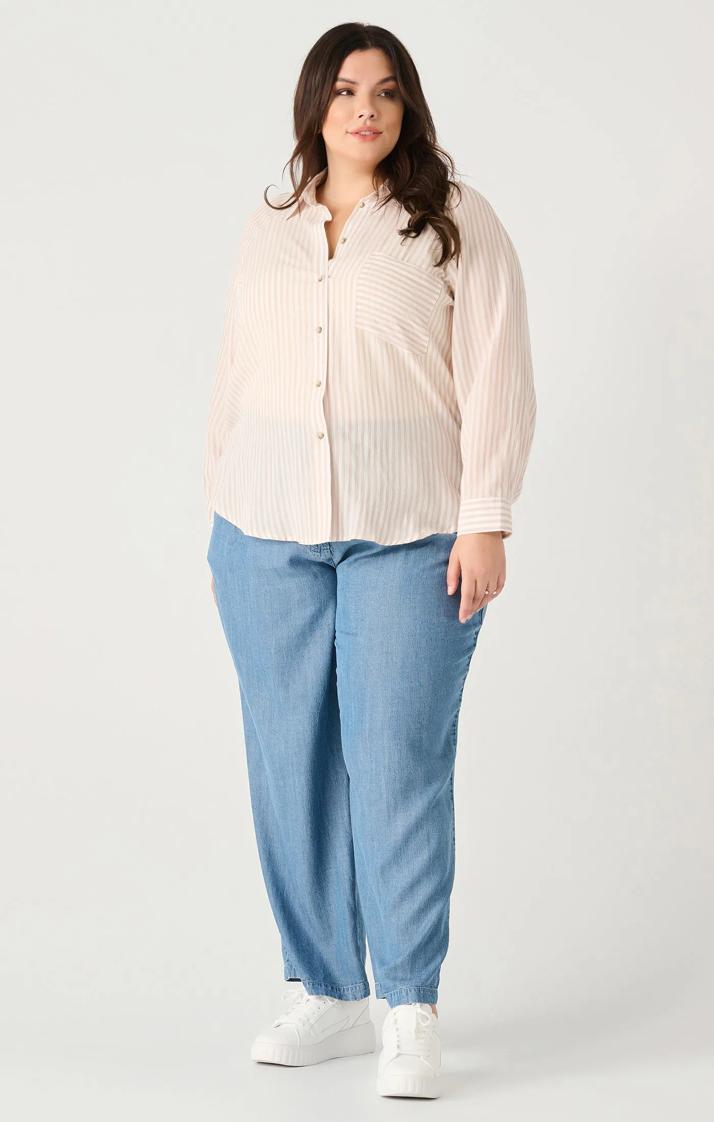 Dex Plus Pinstriped Raglan Blouse In Tan Stripe