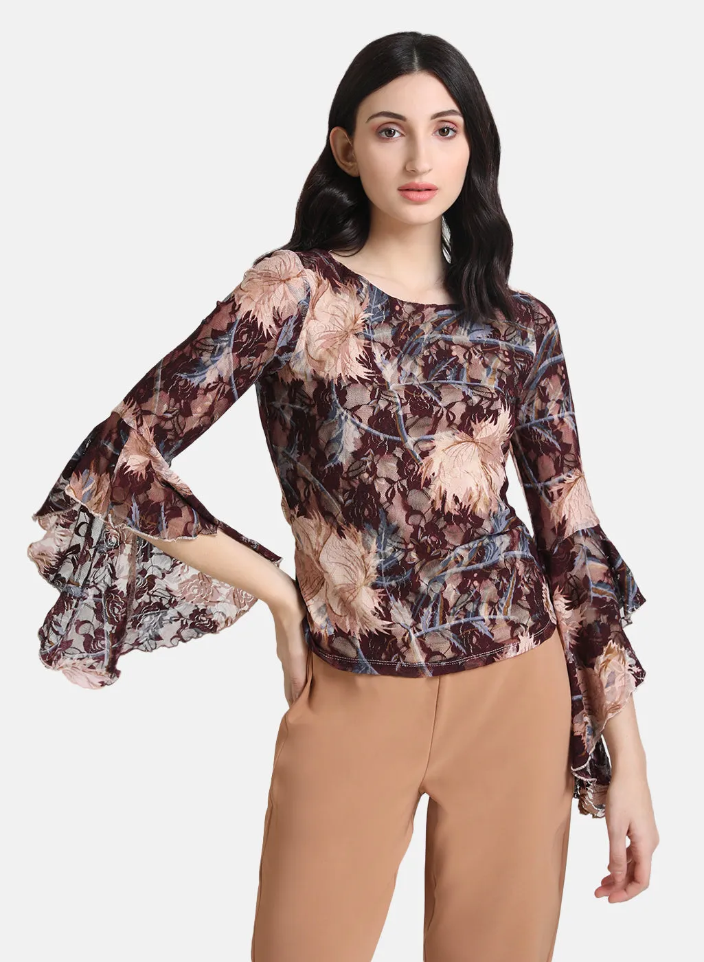 Floral Printed Lace Top With Bell Sleeves