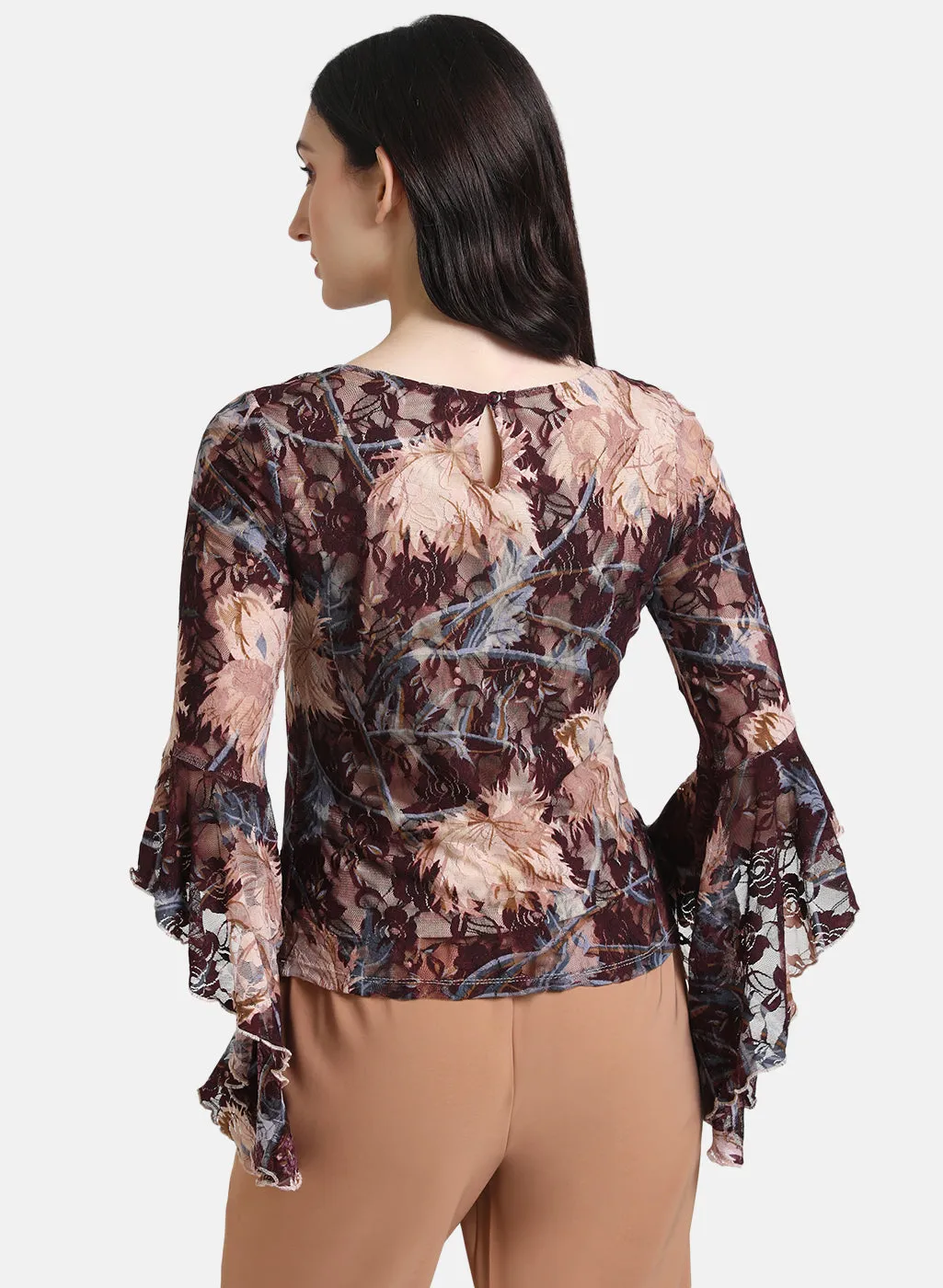 Floral Printed Lace Top With Bell Sleeves