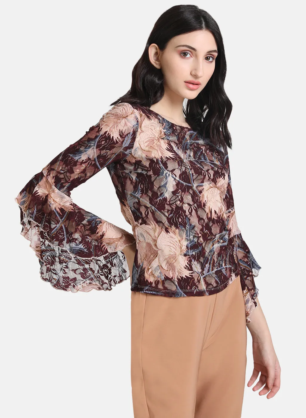 Floral Printed Lace Top With Bell Sleeves