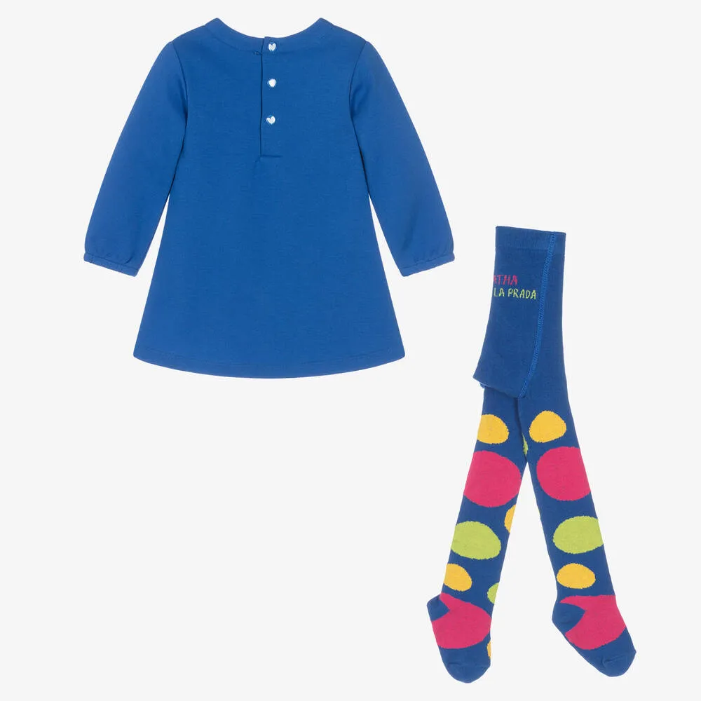 Girls Blue Jersey Dress & Tights Set