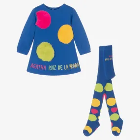 Girls Blue Jersey Dress & Tights Set