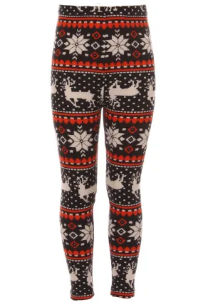 Girl's Reindeer Snowflake Fair Isle Pattern Printed Leggings