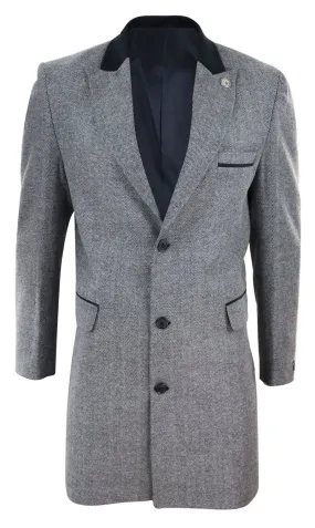 Herringbone Tweed 3/4 Long Overcoat-Grey