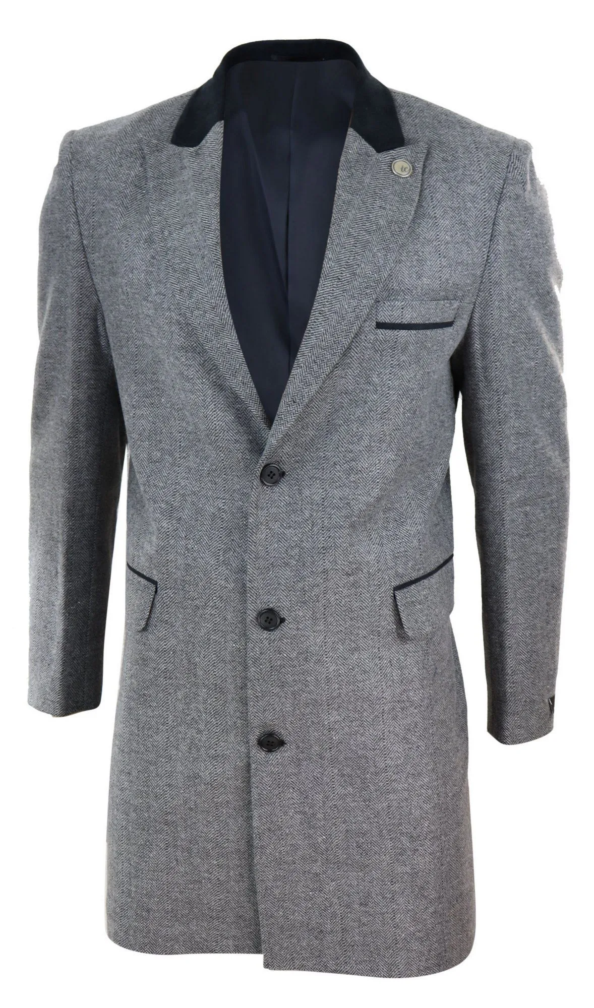 Herringbone Tweed 3/4 Long Overcoat-Grey