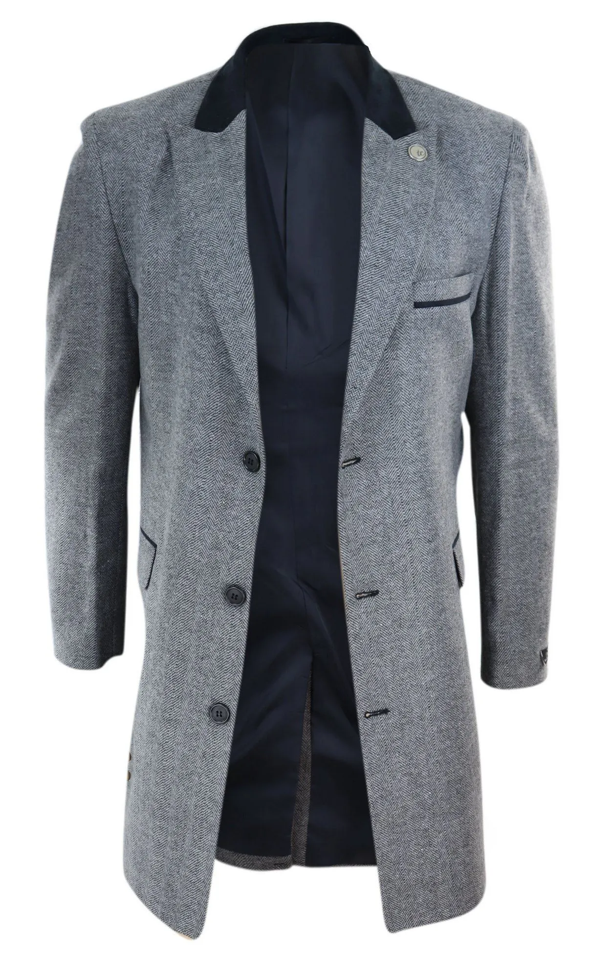 Herringbone Tweed 3/4 Long Overcoat-Grey