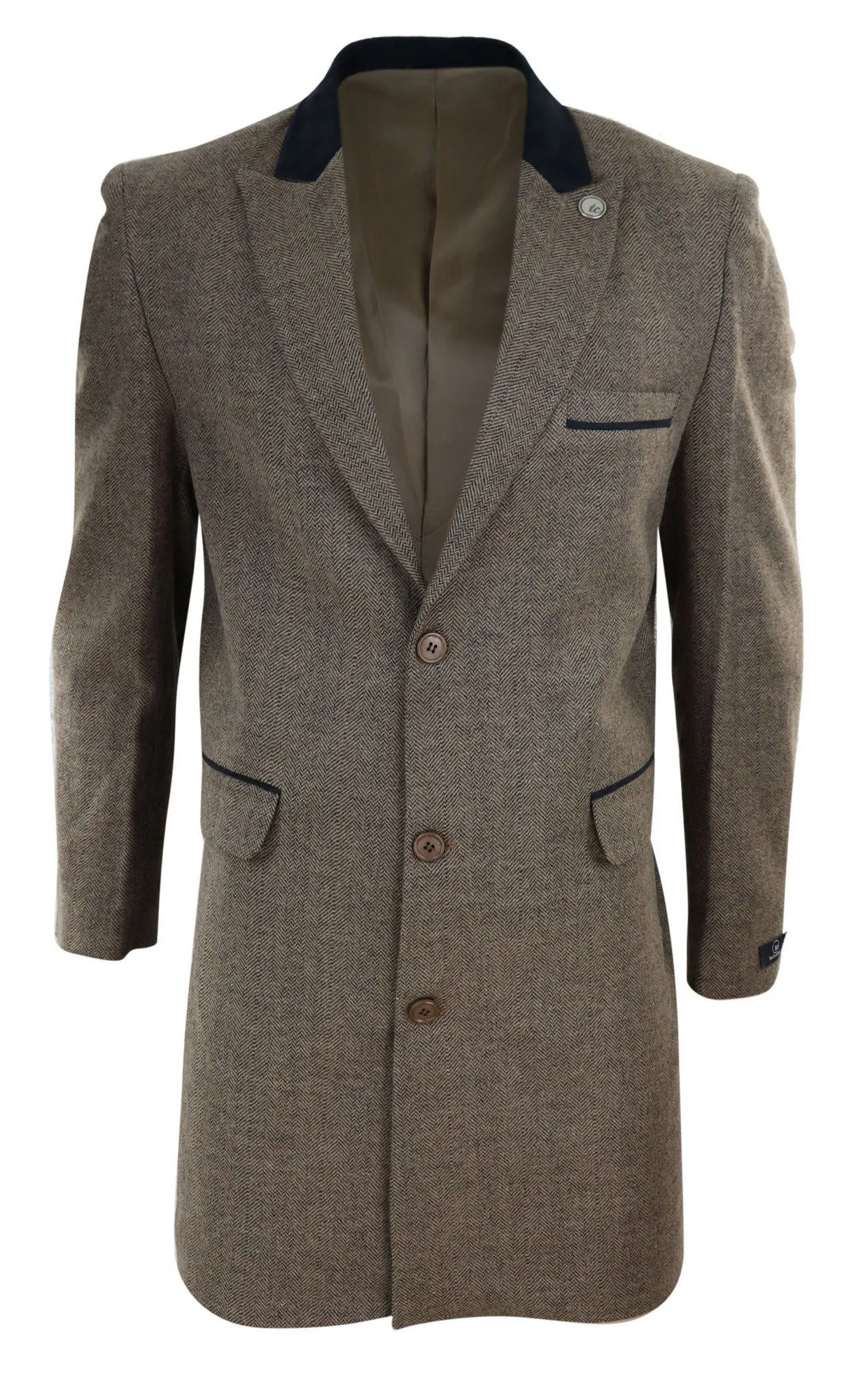 Herringbone Tweed 3/4 Long Overcoat-Oak