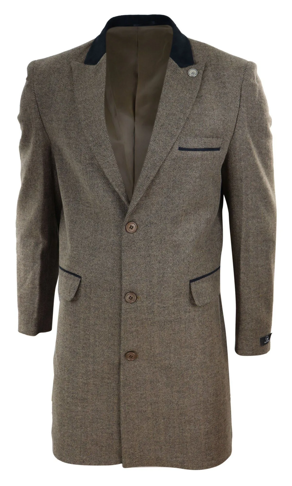 Herringbone Tweed 3/4 Long Overcoat-Oak