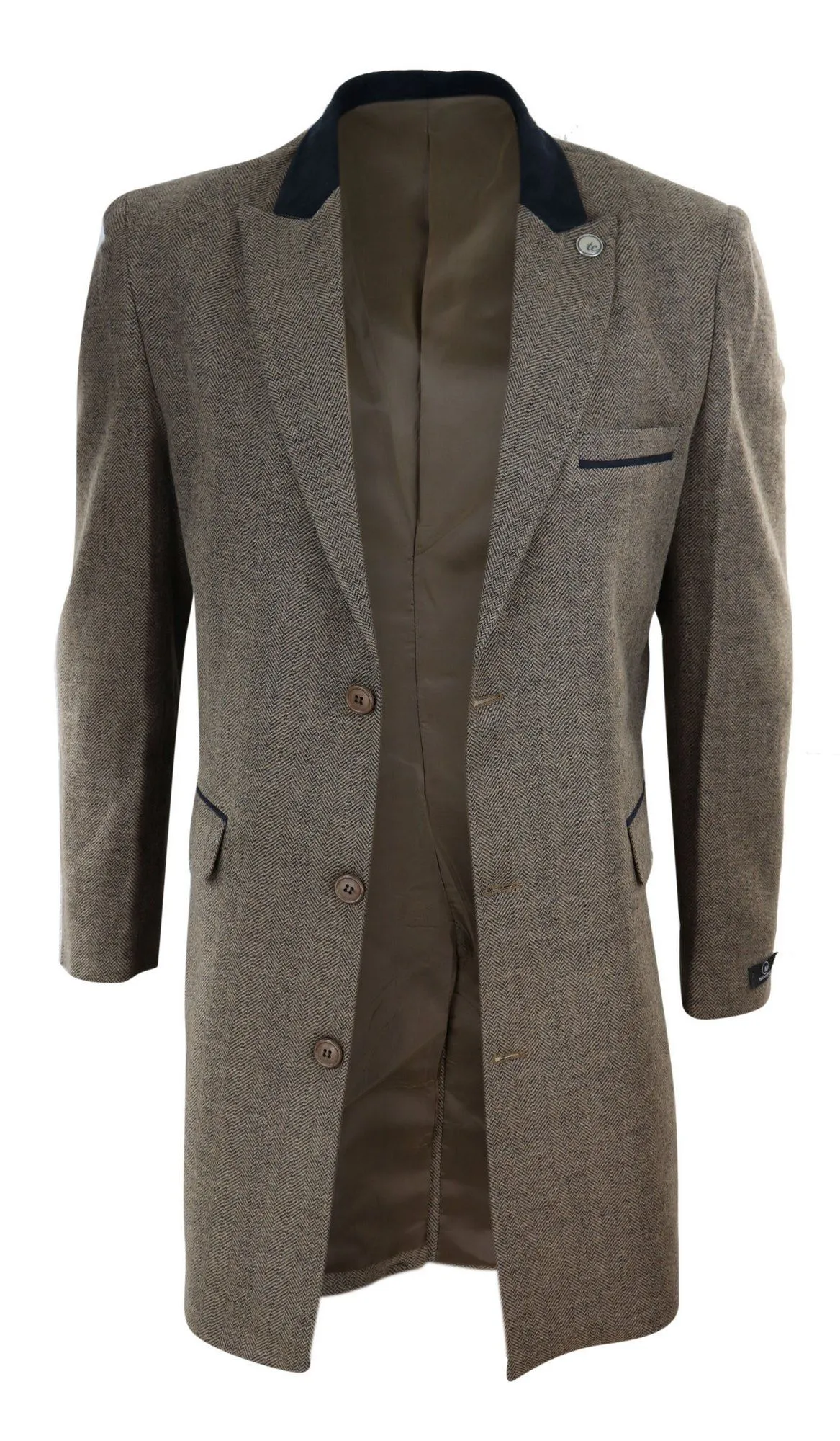 Herringbone Tweed 3/4 Long Overcoat-Oak