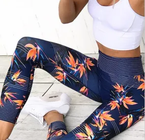 High Waist Yoga Pants Women's Fitness Sports Leggings Band Printing Elastic Gym Workout Tights S-XL Running Pants Plus Size