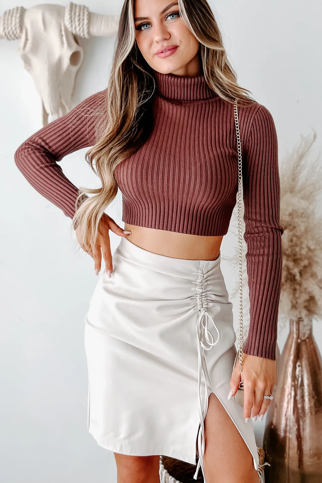 Keeping It Stylish Turtleneck Cropped Long Sleeve Top (Brown)