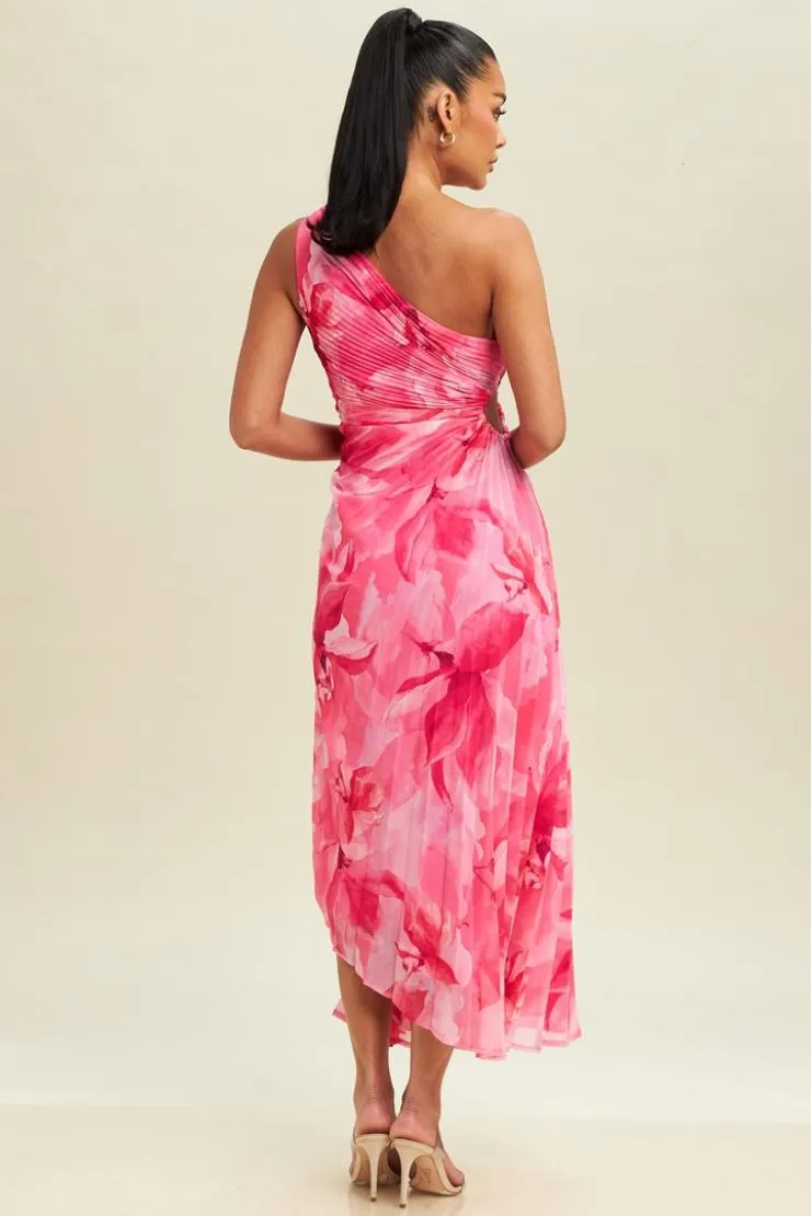 Layal Abstract Floral Pleated Asymmetrical Midi Dress