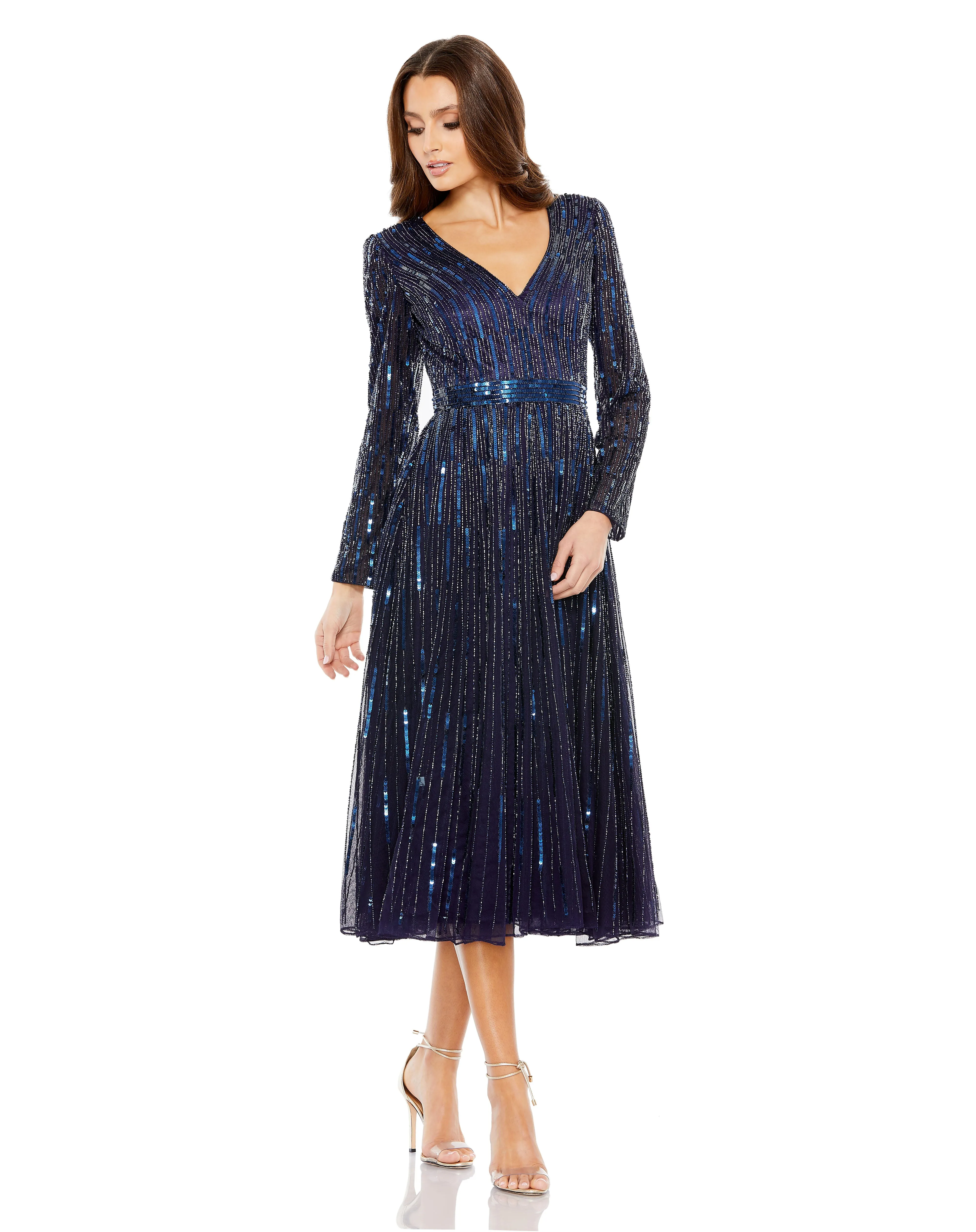 Mac Duggal 5528 Long Sleeve Sequin Cocktail Tea Length Dress