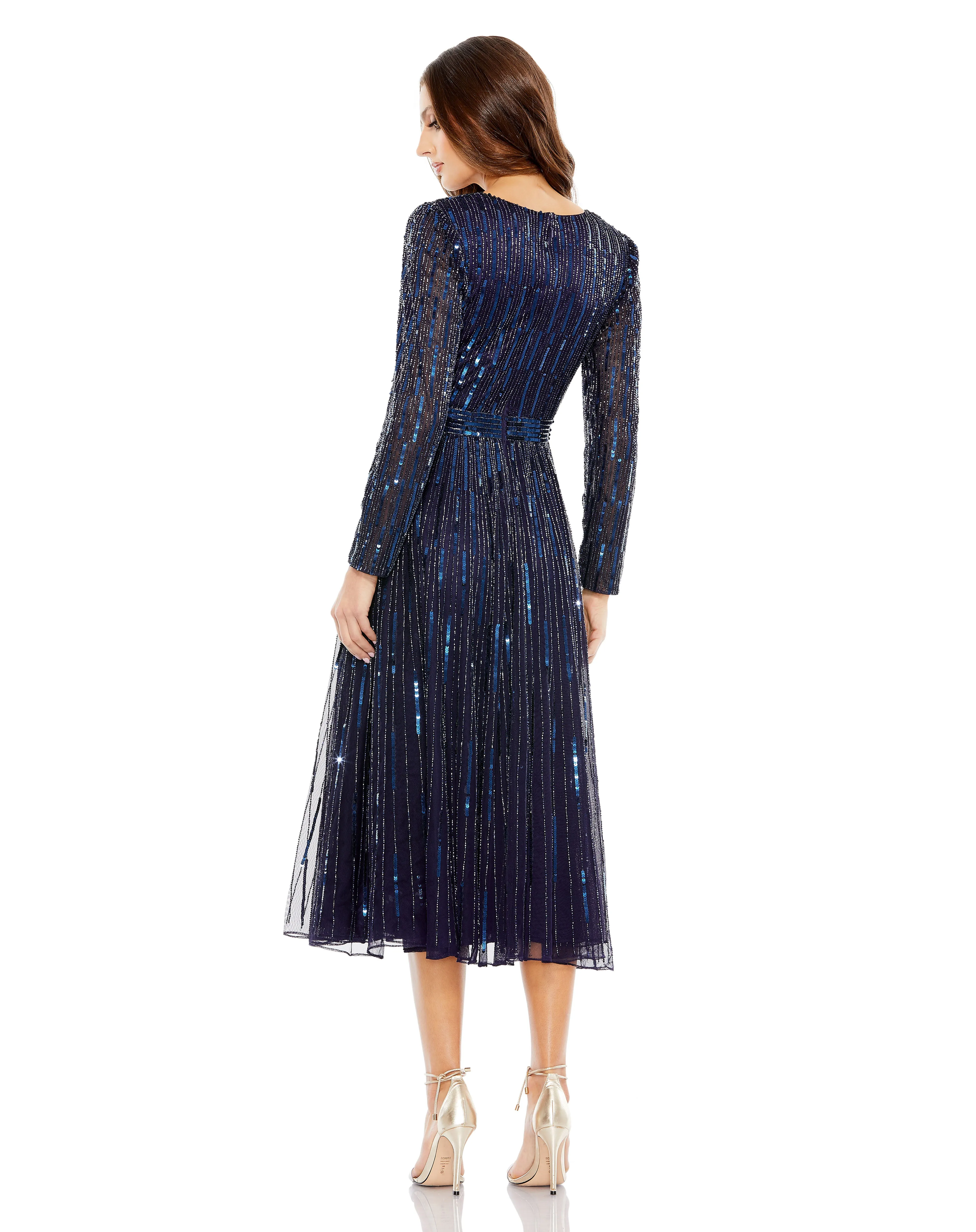 Mac Duggal 5528 Long Sleeve Sequin Cocktail Tea Length Dress