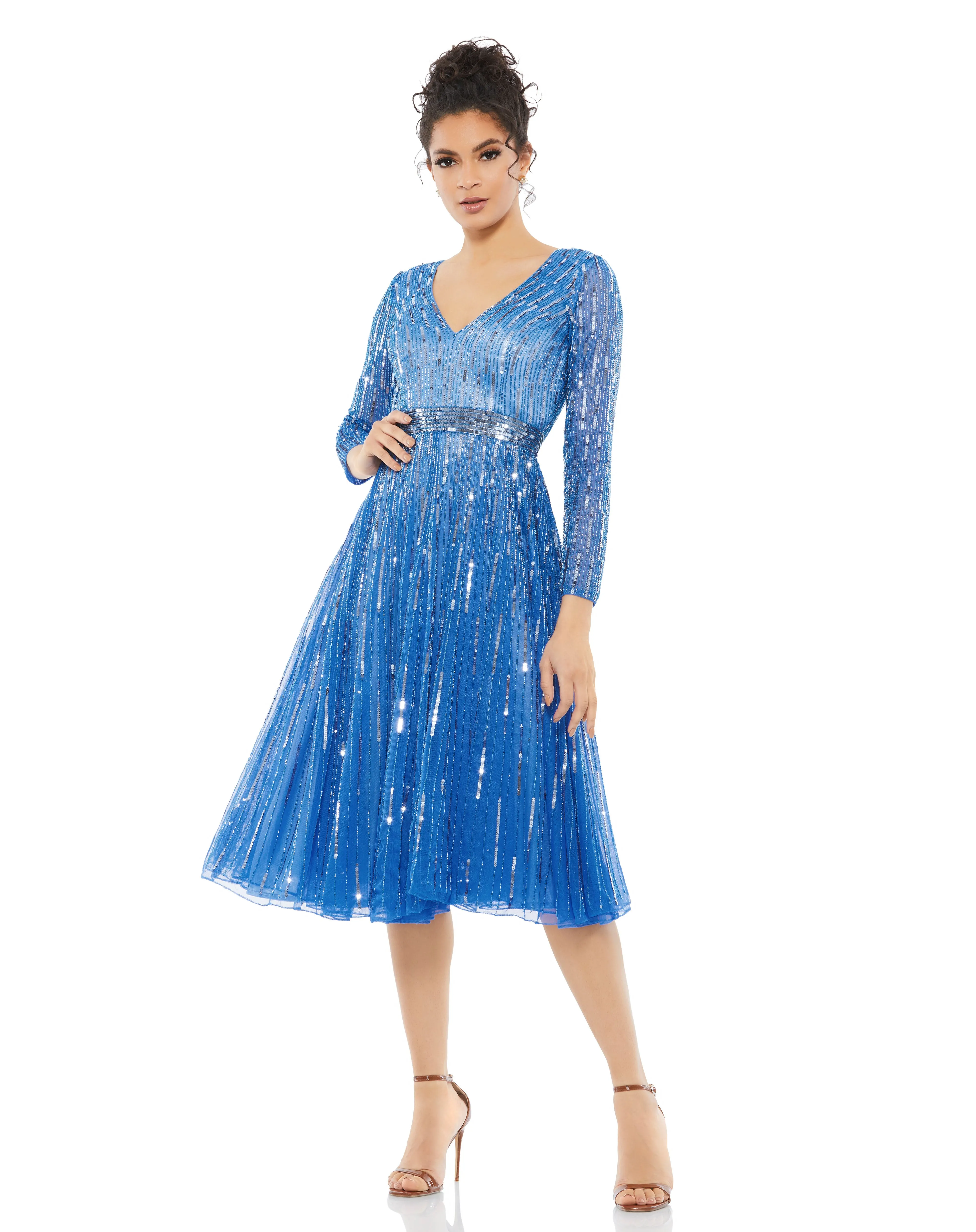 Mac Duggal 5528 Long Sleeve Sequin Cocktail Tea Length Dress