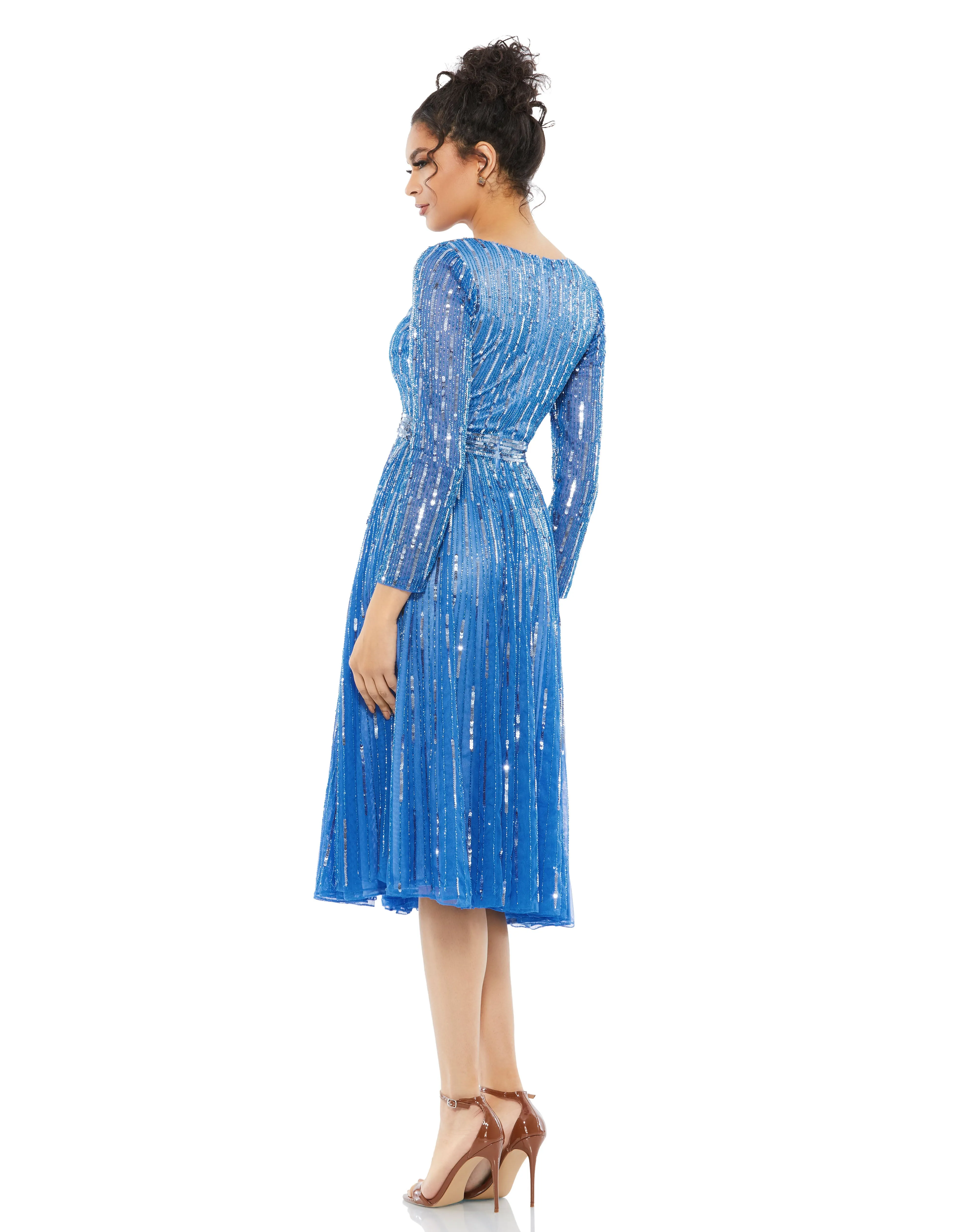 Mac Duggal 5528 Long Sleeve Sequin Cocktail Tea Length Dress