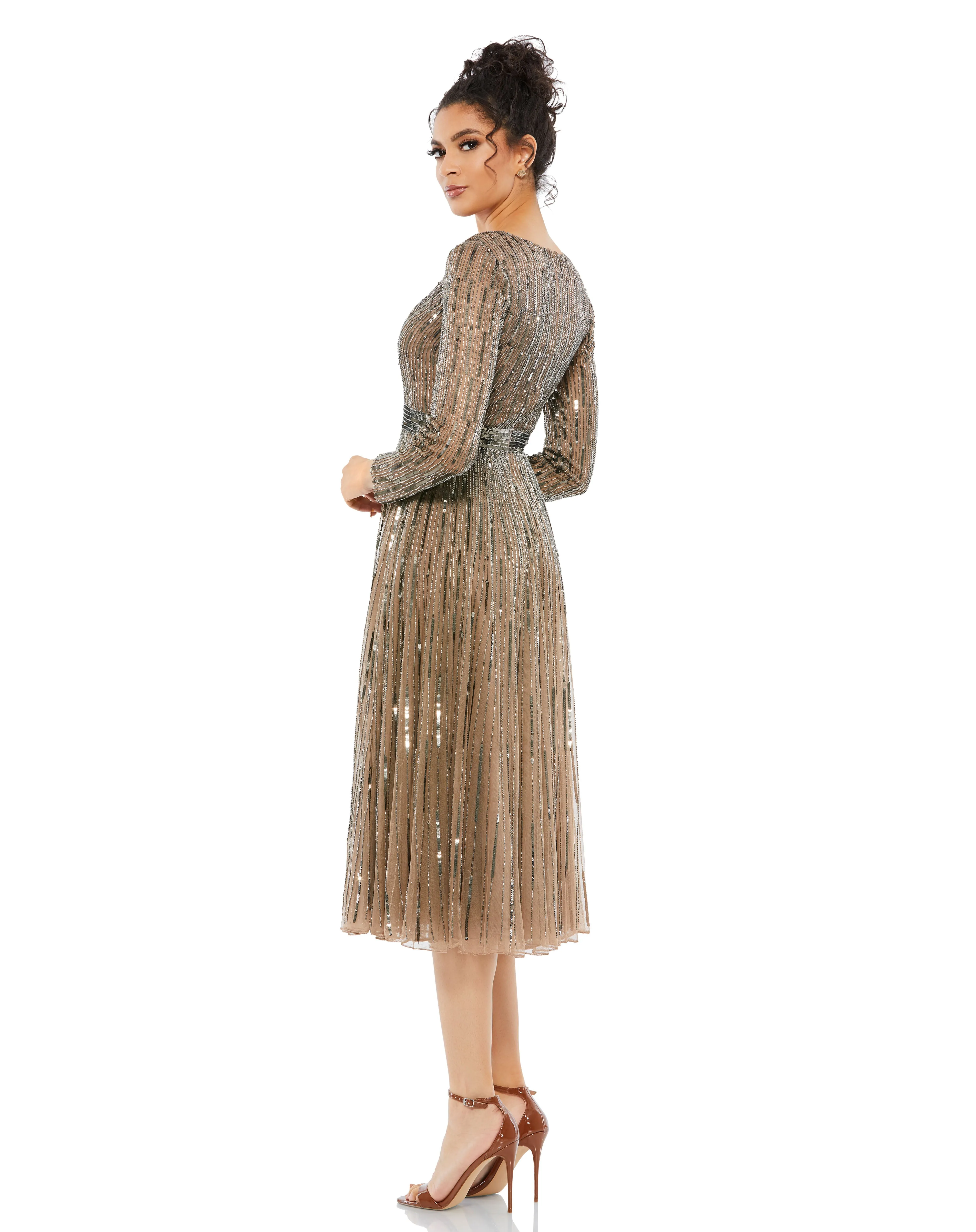 Mac Duggal 5528 Long Sleeve Sequin Cocktail Tea Length Dress